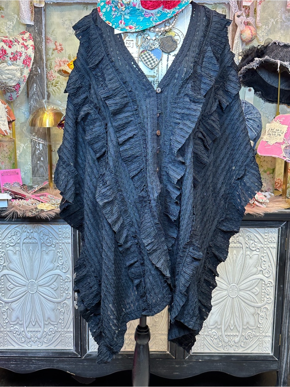 Blue Velvet Ruffle Poncho Top-Black - Picture 2 of 10